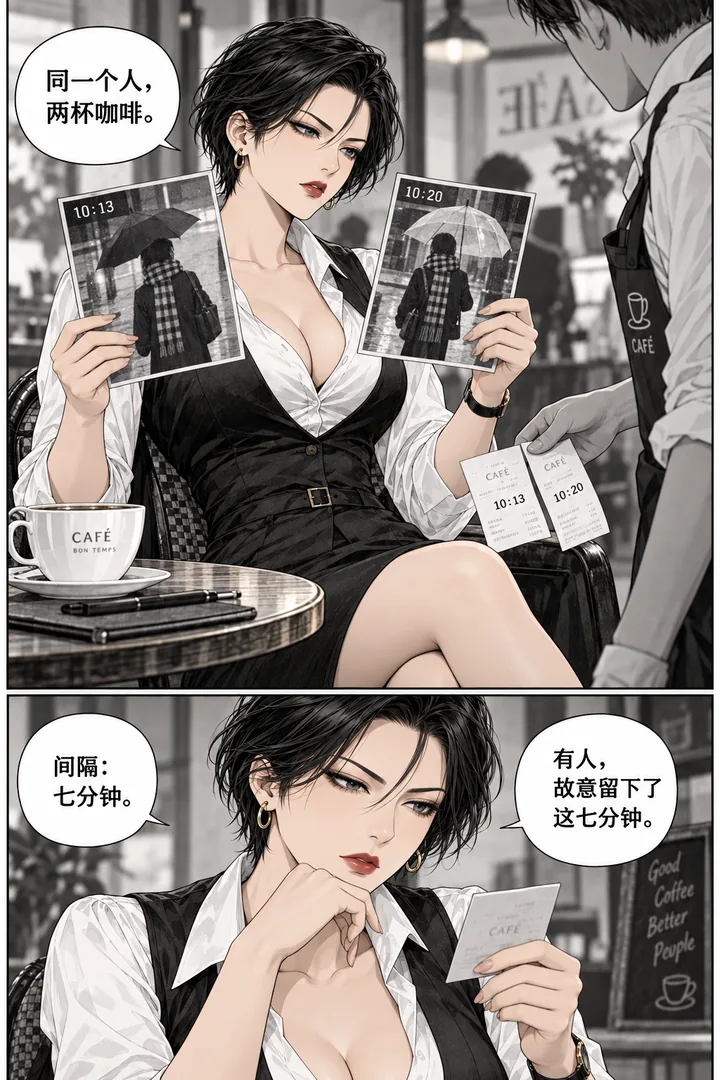 午后侦探第01话咖啡杯里的线索第3页:女主对照监控截图、同一围巾但不同伞、咖啡师递两张小票