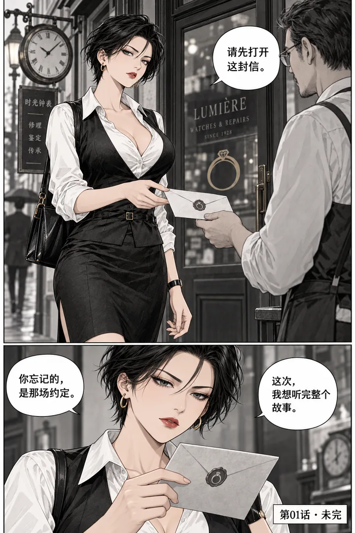 午后侦探第01话咖啡杯里的线索第5页:女主走到隔街钟表店、门上熟悉戒指图案、成年店主递一个信封