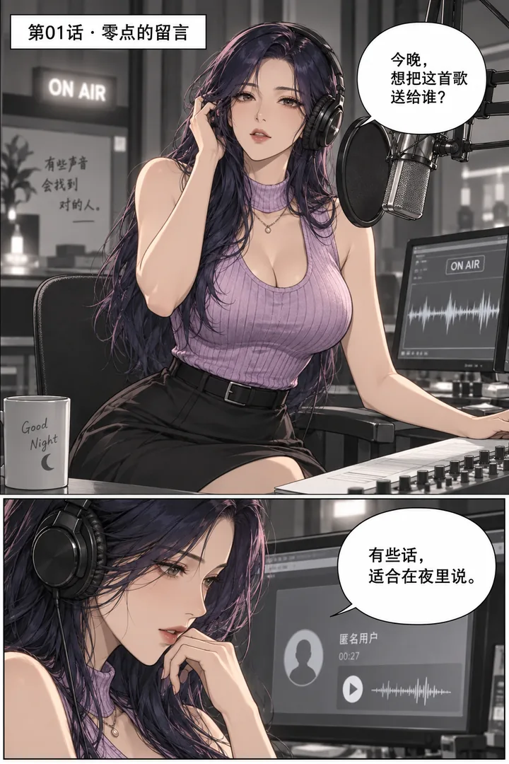 漂浮电台第01话零点的留言第1页:夜色城市广播室、女主戴监听耳机开播、接到匿名语音