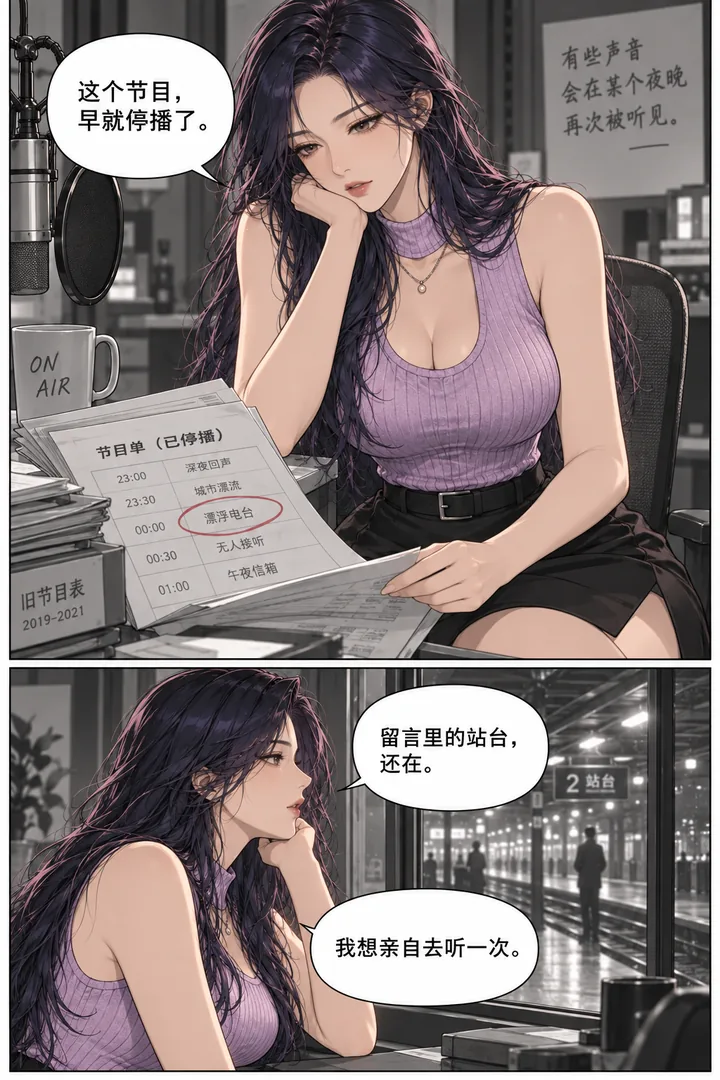 漂浮电台第01话零点的留言第3页:女主翻台里旧节目表、同曲目被圈出、窗外车站灯闪烁