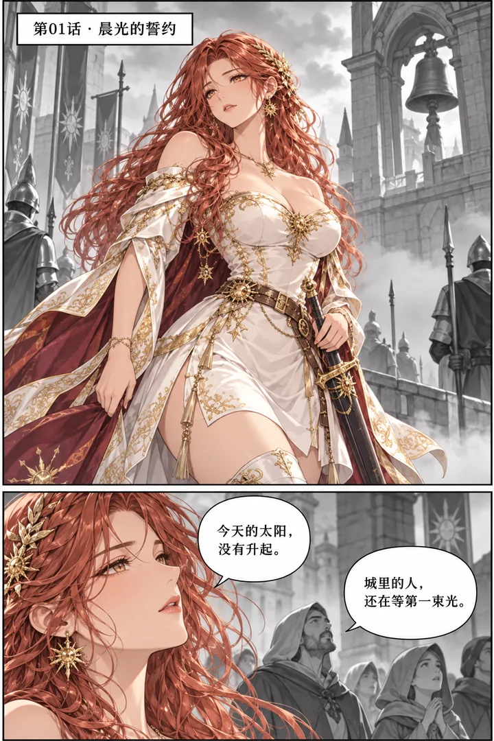 太阳骑士第01话晨光的誓约第1页：华丽日式奇幻城堡晨雾、成年女骑士巡逻、钟楼敲响但无日出