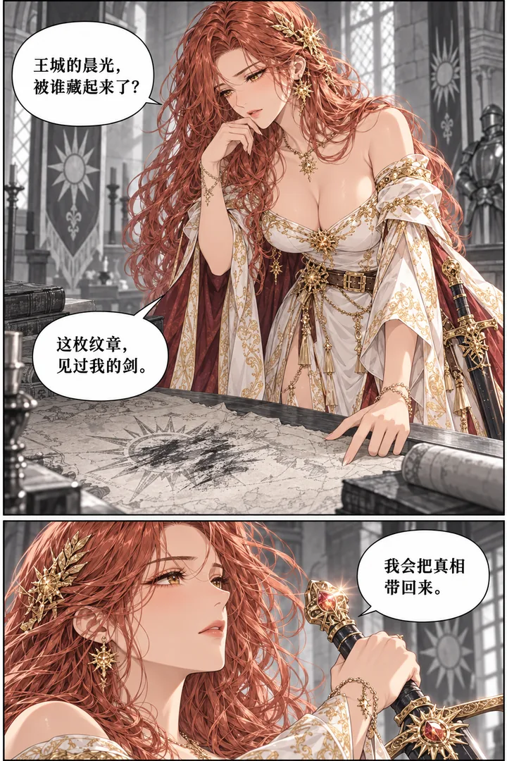 太阳骑士第01话晨光的誓约第2页：女骑士看宫廷古地图、被抹掉的太阳纹章、剑柄宝石微亮