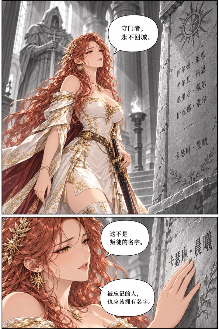 太阳骑士第01话晨光的誓约第3页：女骑士进入旧神殿、石碑记录被遗忘骑士、发现自己家族名字