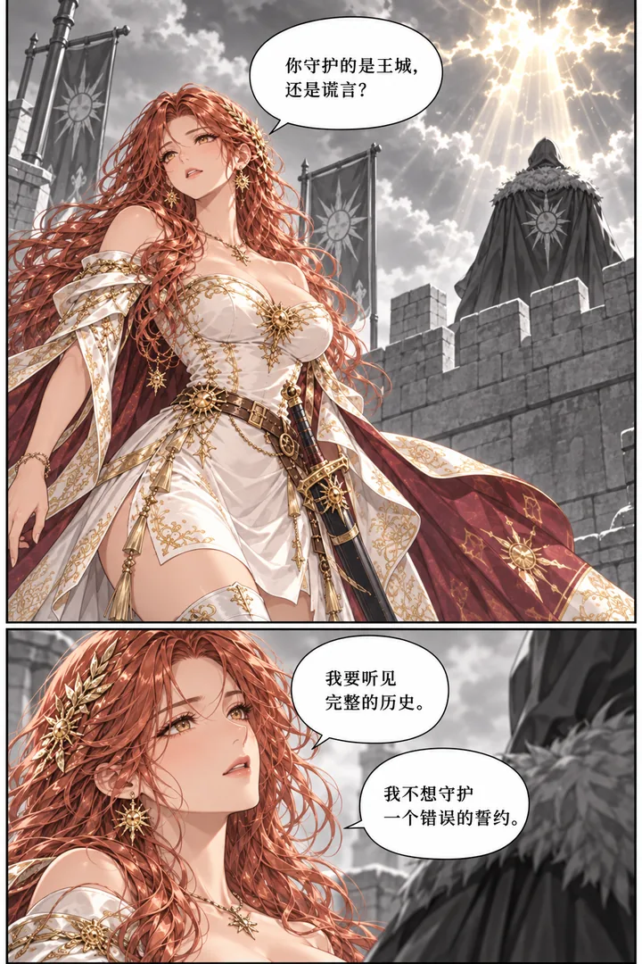 太阳骑士第01话晨光的誓约第4页：天空金光裂开、城墙上成年披风人物出现、骑士问真相
